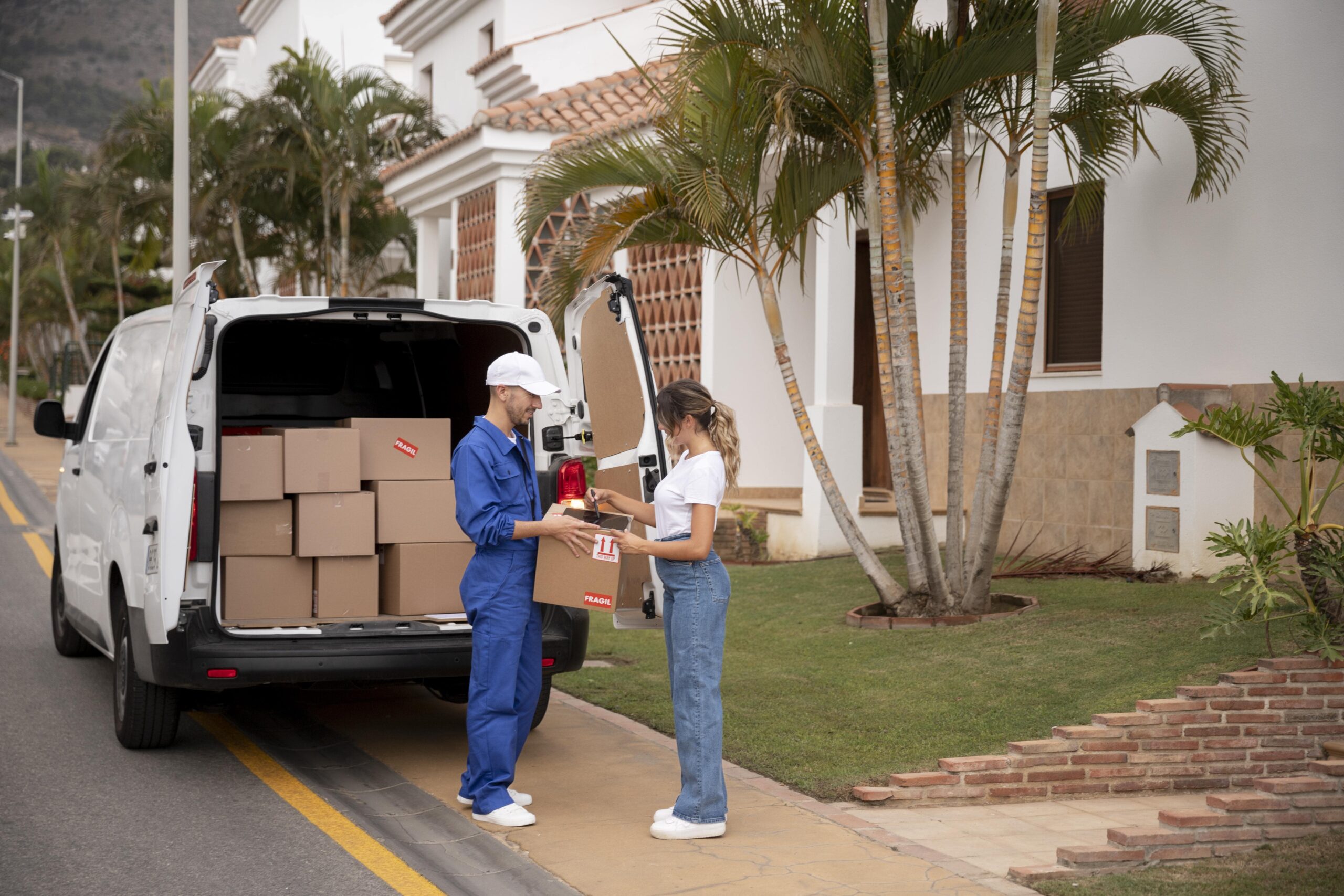 Last Mile delivery. Delivery men back view free pik. Last Mile delivery Modes Reception Box, collection point, Post Office, attendant Home delivery and unattended Home delivery.